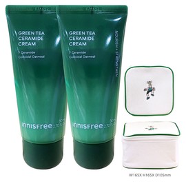 Innisfree Green Tea Ceramide Cream Tube 80ml x 2 + Play Green Cosmetic Pouch (Green) / 이니스프리 그린티 세라마이드 크림 튜브 80ml 2개+플레이그린 화장품 파우치(그린)