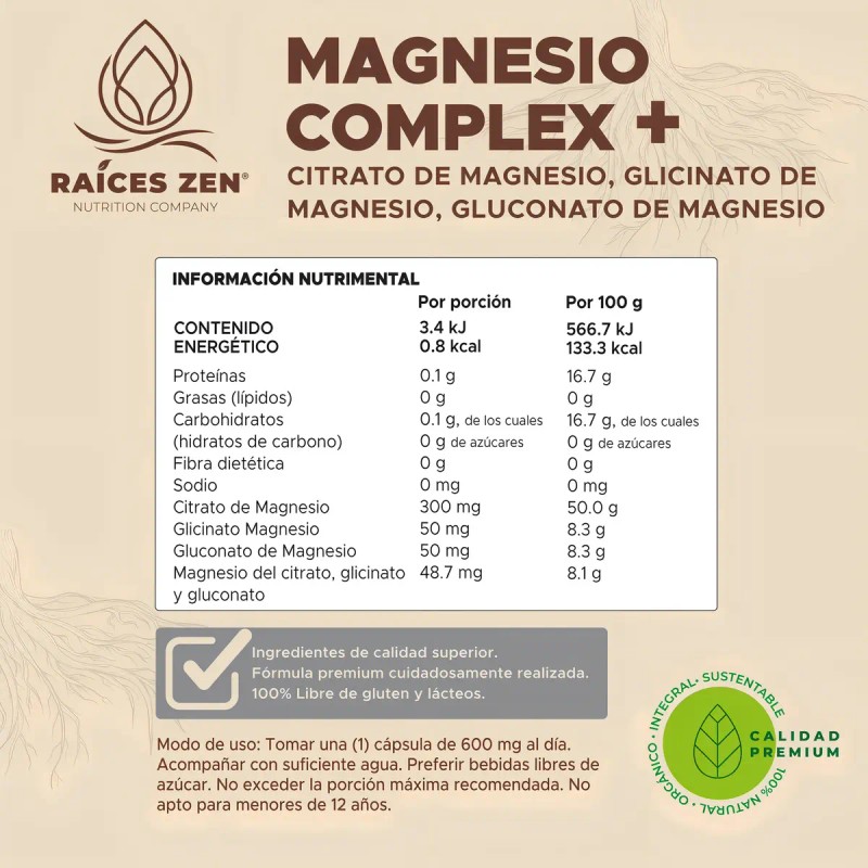Raices Zen Magnesio Complex Suplemento Citrato Glicinato Gluconato 120 Cápsulas