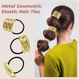 Alovez Pack of 7 Metal Hair Scrunchies Ponytail Hair Clip, Geometric Hollow Gold Hair Accessories, Fashionable Elastic Hair Band, Metal Ponytails Hair Cuffs for Women
