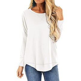 HIYIYEZI Fall Tops for Women Long Sleeve Side Split Casual Loose Tunic Top (Large,White)