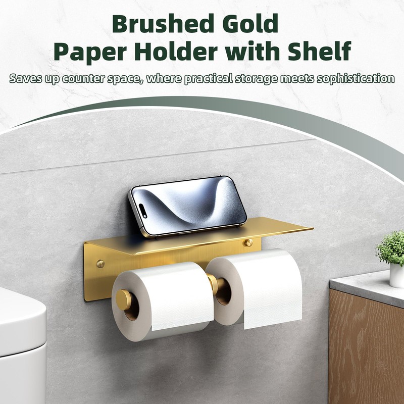 APLusee Brushed Gold Double Toilet Paper Holder with Shelf, Heavy