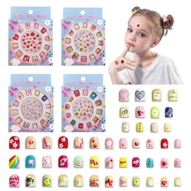 4 Boxes Press on Nails for Kids, Wsimily Acrylic Fake Nails for Girls, Self-adhesive Full Cover False Nails, Colorful Nail Kits for Children, Perfect for Gifts Party Use
