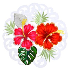 Simhomsen Embroidered Tropical Palm Leaves and Hibiscus Flower Round Table Doily Placemats for Hawaiian Luau Party, Paradise Jungle Beach Themed Party or Baby Shower (Round 15 inches (Set of 4))
