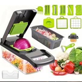 12-in-1 Multi-Functional Large Capacity Vegetable Chopper Onion Chopper, 6mm Dicing, 3mm Slicing, Grater, Egg Separator - with Container, Blades, Hand Guard, Brush