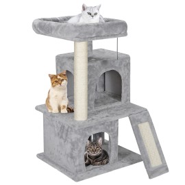 Segawe 34 Inches Cat Tree Multilevel Cat Tower with Double Condos Dangling Balls Gray