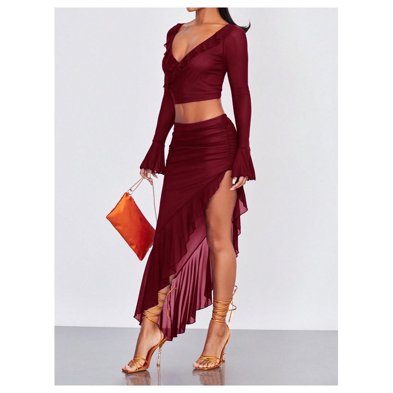 Verdusa Women's Asymmetrical High Slit Mesh Long Skirts Ruffle Hem