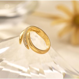 Kainier 14K Gold Chunky Rings for Women 14K Gold Plated Dainty Rings High Polish Statement Band Classic Double Ring Comfort Fit Size 5 to 10(7, Wing rings)