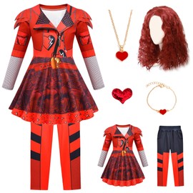 RuuYiicoco 6 Pcs Rise Princess Red Costume For Girls Party Dress Outfit Set With Wig (Red, 8-9 Years)
