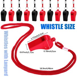 Flutesan 48 Pcs 48 Pcs Plastic Whistles Bulk with Lanyard Sports Loud Crisp Sound Whistles for Coach Referees Training Emergency (Black,Red)