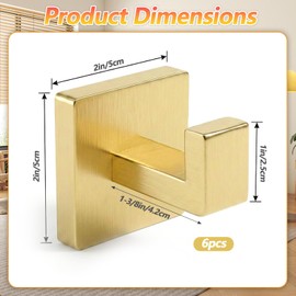 Yuanan 6 PCS Brushed Gold Towel Hook, 2 Inch Square Gold Bathroom Hooks