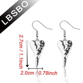 CENWA Hammered Earrings Long Heart Earrings Hammered Heart Pendant Bohemian Jewelry for Women, 2.7*2.0cm, Metal, alloy