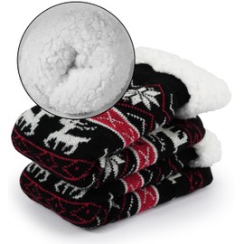 BenSorts Womens Slipper Socks Warm Lining Soft Cozy Fuzzy Winter Thick Sherpa Christmas House Socks with Grippers for ladies Gifts Christmas Black