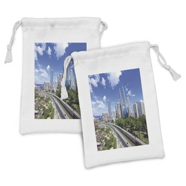 Ambesonne City Fabric Pouch Set of 2, Kuala Lumpur Skyline in a Clear Day Financial District Highway Skyscrapers, Small Drawstring Bag for Toiletries Masks and Favors, 9" x 6", Pale Grey Blue Green