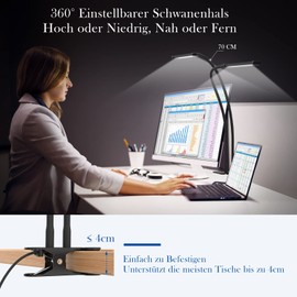 iZELL 77 LED Desk Lamp, Dimmable, 3 Colour Temperatures and 10 Brightness Levels, 70 cm Flexible Gooseneck with USB Charger, Clamp Light, Office Lamp, Work Lamp for Home Office/Office