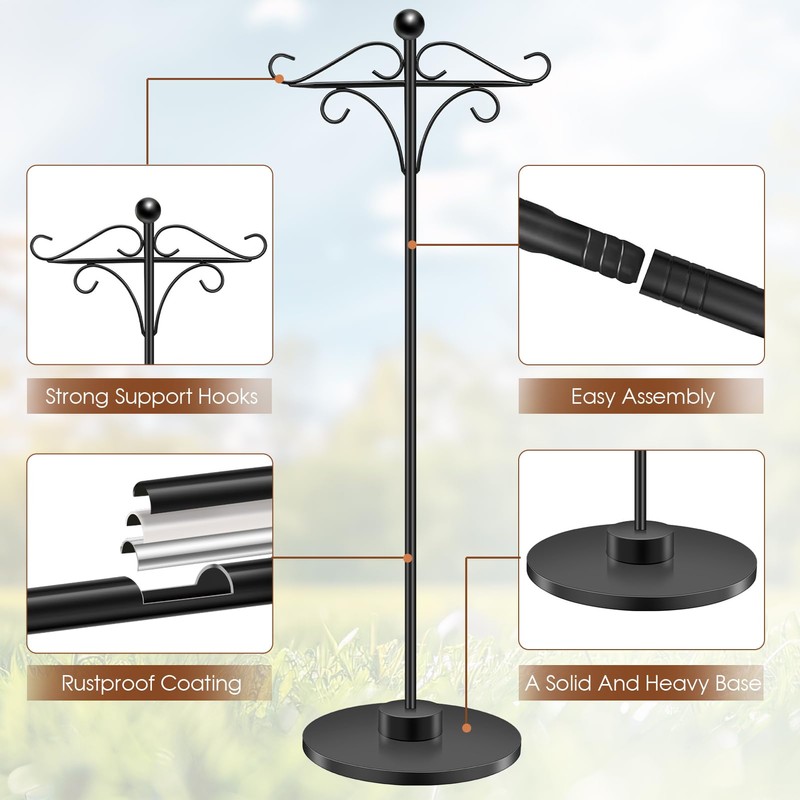 Adjustable Double Shepherd's Hook, 34-63 Inch Black Iron Stand for