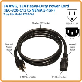 Tripp Lite P007-006 Heavy Duty Computer Power Cord, 15A, 14AWG (NEMA 5-15P to IEC-320-C13), 6-ft Black