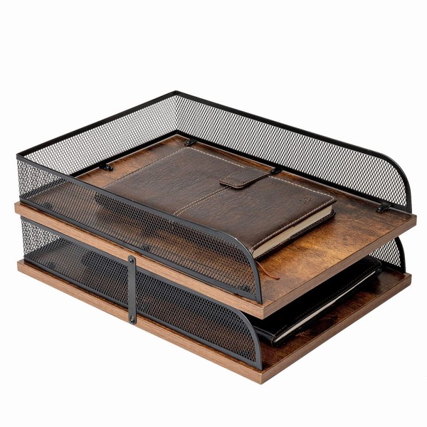 Set of 2 Vintage Wood & Metal Letter Tray，Desk Organizers Paper Tray，Office File Organizer(Black)