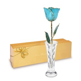 Forever Rose Hand-Dipped in 24K Gold, Aquamarine-Inspired March Birthstone with Sparkles, Real Rose in Luxury Gold Gift Box & Clear Glass Bud Vase – Perfect Ready for March Birthday or Any Occasion