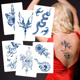 6 Sheets Semi Permanent Temporary Tattoos – Plant-Based Ink Fake Tattoos with Butterfly, Flower, Snake, Number & Letter Designs – Long-Lasting Waterproof Tattoos for Women & Men, Vegan & Skin-Safe