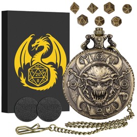 Mini DND Dice Set, with Steampunk Warlock Skull Pocket Watch Case, Tiny 7-Piece Polyhedral Metal D&D Dice, DND Gifts with Gift Box, Role Playing Board Game Accessories Dice, Bronze