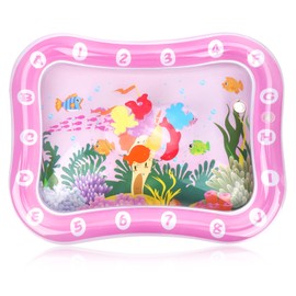 Inflatable Tummy Time Premium Watermat, Round Play Patted Pad with Pump, Portable Play Activity Center for Stimulation Growth Stuff for Toys(Pink Castle)