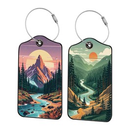 Qrifaro 2 Pack Mountain Leather Luggage Tags for Suitcases, Travel Bag Tags with Privacy Cover ID Label with Stainless Steel Loop for Women Men Girls Backpack Gift (Green Purple)