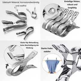 SHULLIN Pack of 15 8 cm Stainless Steel Large Clothes Pegs Towel Clips Beach Towel Clips Spring Clamps Towel Clip for Daily Laundry Beach Towel Bath Towel Bedding and Thick Clothing (Silver)