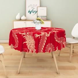 DORCEV Chinese Dragon Round Tablecloth Traditional Mascot Dragons Animal Red Gold Table Cloth Waterproof Fabric Table Cover for Dining Home Kitchen Restaurant Buffet New Year Party Table Decor,60 Inch