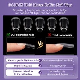 Clear Coffin Nail Tips, Gel Nail Tips for Acrylic Nails Professional，240PCS XL Nail Tips Half Matte Full Cover Ballerina Press on Nail Tips, Slightly C Curve French Nail Tips Use for Nail Extension
