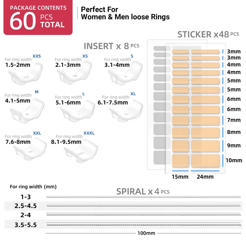 Ring Sizer Adjuster for Loose Rings, 60 Piece Set with