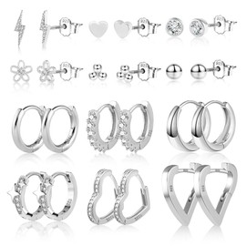 ASH'S CHOICE 12 Pairs Multipack Earrings Silver 925 Hoop Earrings Gold Stud Earrings Small Set Glitz Hoop Earrings Square Oval Heart Small Stud Earrings with 5A Zircon Rhinestone 9ct Gold Earrings Set