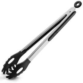 Pasta Tong Spaghetti Tongs, 12-Inch Heat Resistant Silicone Pasta Tongs Spaghetti Server With Teeth Silicone Tong for Serving Food, Cooking, Salad, Spaghetti Noodle, Non-stick (12"-Black)