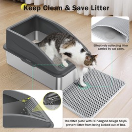MIXJOY Stainless Steel Cat Litter Box, Extra Large Litter Boxes for Big Cats, Anti-Urine Leakage XL Litter Box with High Sides, Xlarge Metal Litter Box with Lid, Easy Clean, Non-Sticky, Cat Mat & Metal Scoop