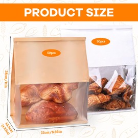 100 Pack Kraft Paper Bread Bags for Homemade Bread, Large Sourdough Bakery Bags with Clear Window, Loaf Bag with Tin Tie Tab Lock for Cookies, Cakes, Snacks, and Sandwiches,11” × 4.3” × 8.7”