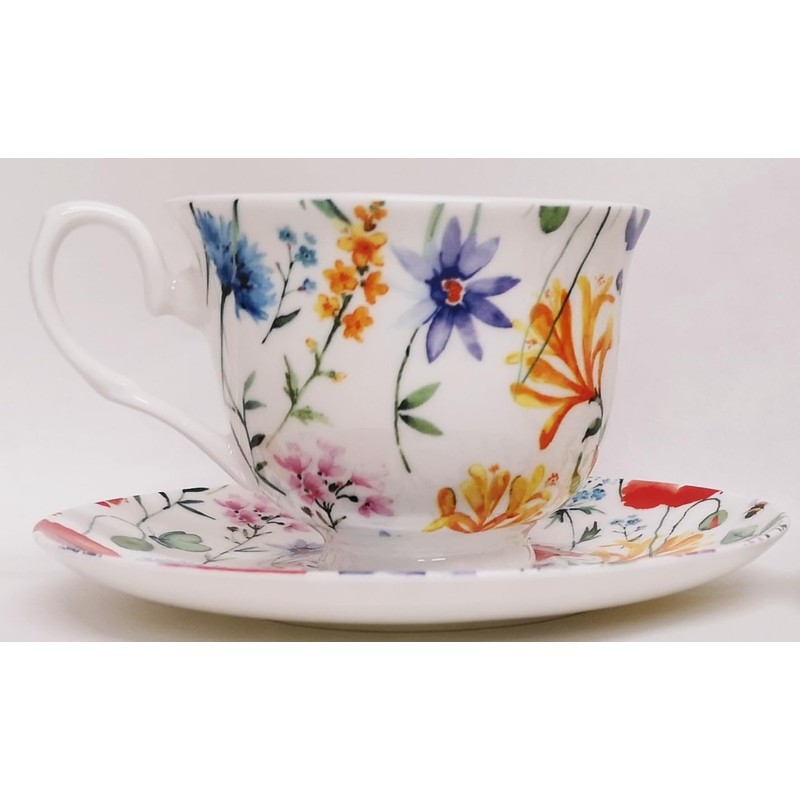 Wildflowers Meadow Tea Cup and Saucer Set Fine Bone China