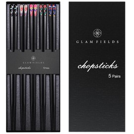 GLAMFIELDS 5 Pairs Premium Chopsticks Reusable Dishwasher Safe 9.5 Inch Fiberglass Chop Sticks Gift Set Hexagon Black Non Slip with the Printed Tops