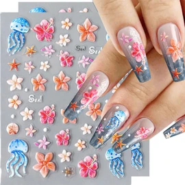 CharmBurst 2 Stück Sommerliche Nagel Sticker mit Blumen, Seesterne, Perlen, Selbtklebende Nail Aufkleber, Nageldesign-Zubehör für Gelnägel, Nagel Deko