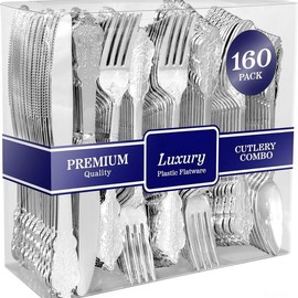 300 Pcs Silver Plastic Silverware Set- 100/Forks, Spoons Knives, Heavy Duty Disposable Utensils  Cutlery Dinner Party silver utensils plastic flatware - Color: Silver 160Pcs