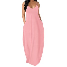 OFEEFAN Womens Maxi Dresses Casual Summer V Neck Long Dress Dressy Solid Pink S