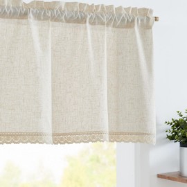 TOPICK Net Curtains Kitchen Beige Lace Trim Linen Bistro Curtain with Drawstring Valance for Caravans Children's Room Country House Style Shabby Chic Curtains Short Semi-Transparent Set of 1 127 W x