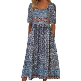 Kubsid Womens Boho Dress Summer Casual 2025 Short Sleeve Loose Fit Floral Maxi Dress Flowy Beach Vintage Sundress Dark Blue Floral XL