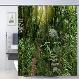 JOOCAR Design Shower Curtain, Tropical Rainforest Lush Green Foliage in Jungle, Waterproof Cloth Fabric Bathroom Decor Set with Hooks