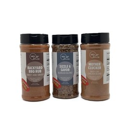 MES Amis Grill Masters Trio - Gourmet Blends & All-Purpose BBQ Seasonings - Sizzle & Savor Burger Blend (7.3 ounces) + Backyard BBQ Sweet and Smoky (10.5 ounces) + Mother Clucker Beer Can Chicken Blend (8 ounces)