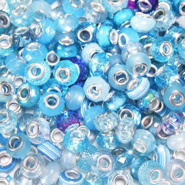 150 abalorio europeas de gran agujero, surtidas abalorio europeas para manualidades de color azul claro, varitas de hadas, abalorio de jardín con agujeros grandes, abalorio espaciadoras para