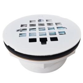 Westbrass D206P-50 2" No-Caulk PVC Compression Shower Drain with 4-1/4" Round Grid Cover, Powder Coat White