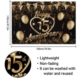 5665 Happy 15th Anniversary Backdrop Banner Decor Black Gold – Glitter Love Heart Happy 15 Years Wedding Anniversary Party Theme Decorations for Women Men Supplies