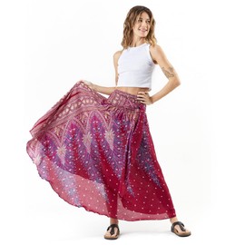 Happy Trunks Boho Gypsy Maxi Skirt for Women - Flowy High Waisted Hippie Skirt, Summer Bohemian Clothes, Plus Size, Perfect for Beach and Festivals (Large/X-Large, Red Peacock)