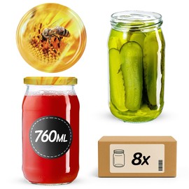 KADAX Preserving Jars 760 ml with fi82 mm Screw Lid, Screw Jars, Large Jars with Twist Off Lid, Preserving Jars for Cucumbers, Preserving Jars (Bee, Pack of 8)