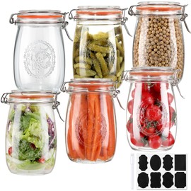 Buzieio 32 Oz Wide Mouth Mason Jars with Airtight Lid, 6 Pack Glass Canning Jars, Large Clear Canister Quart Jars for Kitchen Storage- for Salad, Jam, Coffee, Sugar, Beans (6 Pack 32OZ)