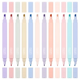 JOYSKY 12 Pcs Cute Highlighters Pens Aesthetic Highlighter Pastel Mild Assorted Colors Dual Chisel Tips No Bleed Quick Dry Square Markers for School Office Stationary Note Taking Supplies